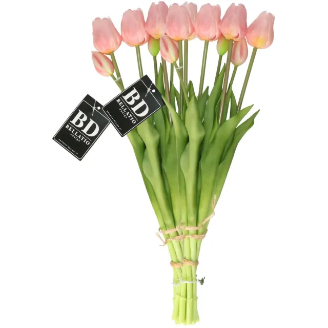 Bellatio Design Kunst tulpen boeket Sally - 14x stuks - lichtroze - real touch - 47 cm