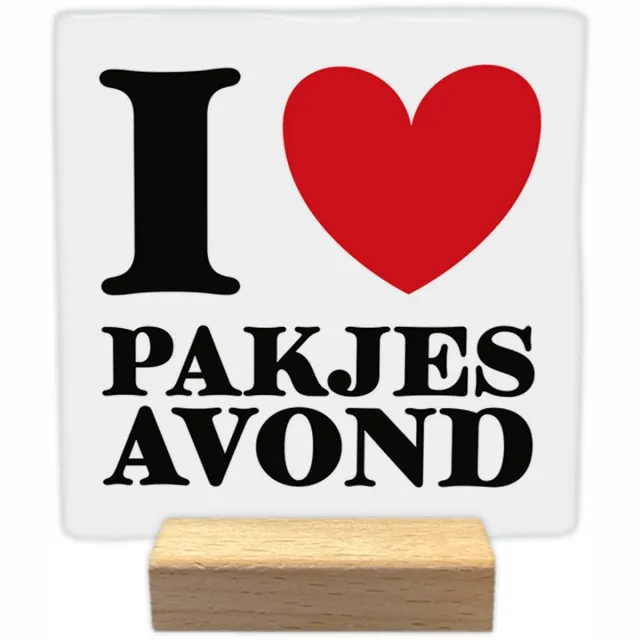Artige Sinterklaas decoratie tegel met tekst - I love Pakjesavond - keramisch - 10x10 cm - inclusief houder zwart