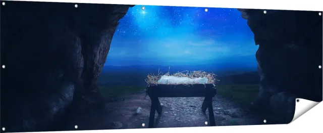 Gards Tuinposter Kribbe in een Grot onder de Ster van Bethlehem - 210x70 cm - Tuindoek - Tuindecoratie - Wanddecoratie buiten - Tuinschilderij Multikleur