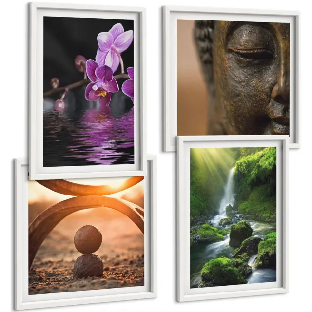 Coloray 4-Delige Schilderij Set - Bloemen In Het Water, Waterval Met Groene Rotsen, Boeddha - 40 x 40 En 40 x 60 - Muurdecoratie - Wanddecoratie - Slaapkamer - Interieur Decoratie Witte lijst