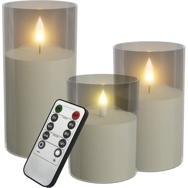 Aufun LED vlamloze kaarsen met afstandsbediening - Flikkerend - Acryl stompkaarsen - Op batterijen - Type A - Transparant - Set van 3 - Voor huisdecoratie en kerstversiering transparant type A
