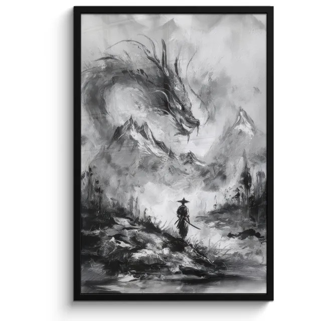 FrameYourWall Poster in lijst - Fotolijst 60x90 cm - Posters - Krijger - Draak - Grijs - Posterlijst zwart - Decoratie - Wanddecoratie woonkamer - Muurdecoratie slaapkamer