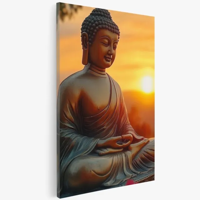 Saammp Canvas Schilderij - Boeddha met bloemen en zonsondergang - 30x40 - Foto op canvas - Wanddecoratie - Muurdecoratie Woonkamer - Canvas schilderijen Multicolor