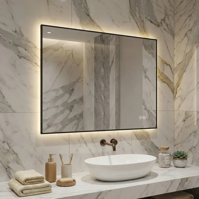 HAUSS SPOLE Spiegel – LED Achterverlichting En Anti Condens – 80 x 60 cm – Aluminium En Glas – Zilver – Wandspiegel Voor Badkamer – Dimbaar Zwart