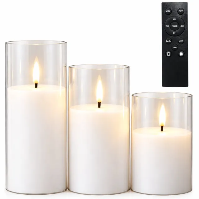 SWGOTA led kaarsen, 3 stuks per doos, transparante cilindervormige behuizing, met grote afstandsbediening en timer voor kerst- en bruiloftdecoratie