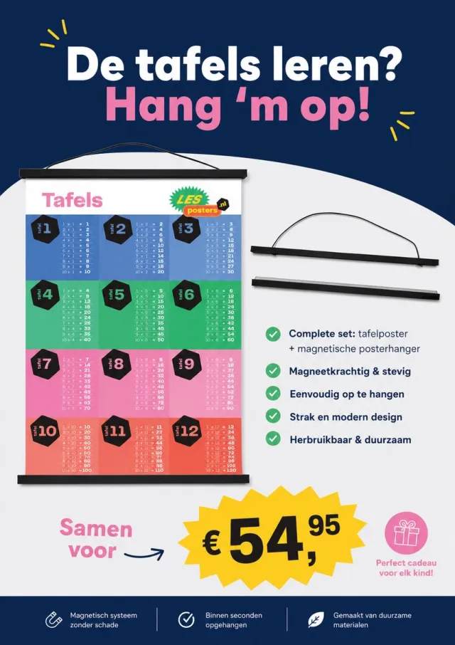 Lesposters.nl Tafelposter A1 + magnetische posterhanger – Tafels 1 t/m 12 groep 4-6 compleet pakket aanbieding Zwart