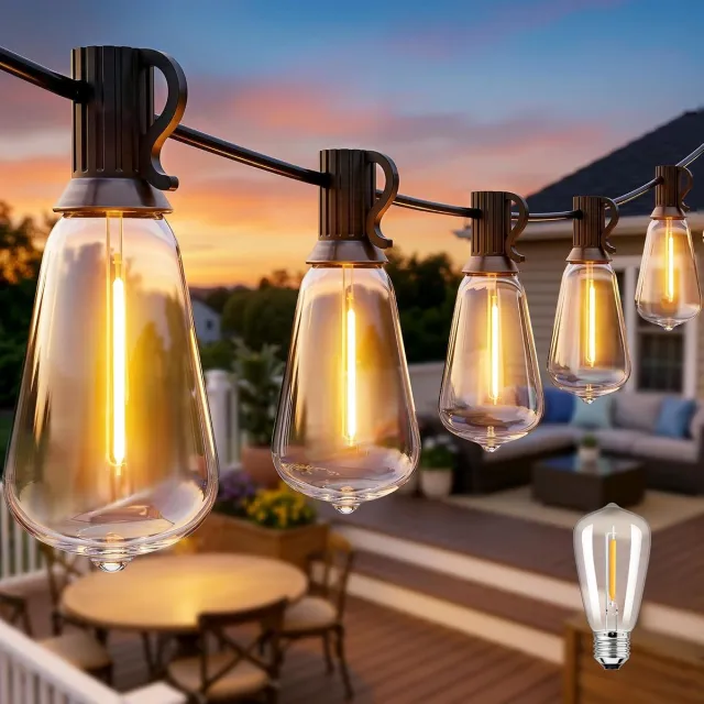 YAGXIG Buitenverlichting - Solarverlichting - Waterdichte tuinverlichting - Kerstverlichting - Vintage Edison-lampen - Onbreekbaar - Waterdicht - 18,2 meter lang - Warm wit - Geschikt voor tuinen, tuinhuisjes, veranda's en balkons