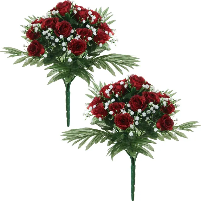 Louis Maes Kunstbloemen boeket rozen/gipskruid - 2x - rood - H36 cm - Bloemstuk - Bladgroen
