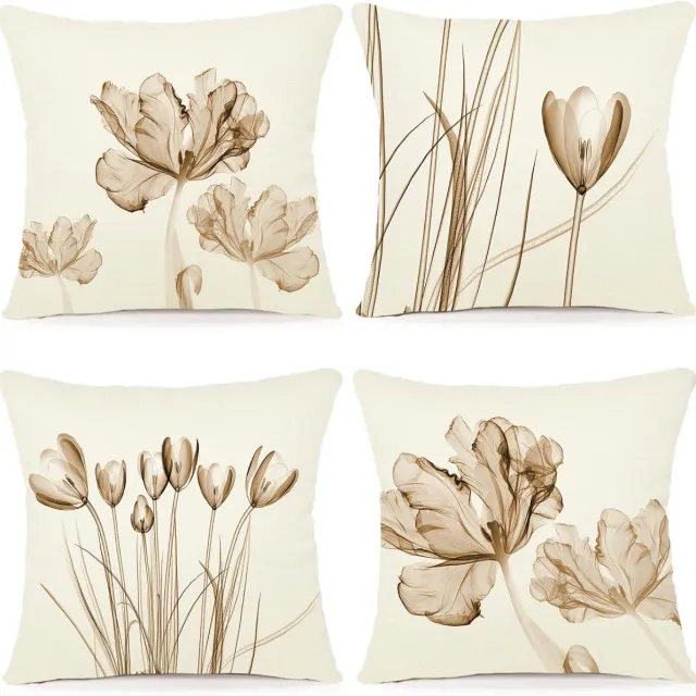 ZWJD Kussenhoes Set - Floraal Aquarel Design - Linnen - Voor Buiten en Binnen Decoratie - 40x40 cm - Set van 4 Zie foto
