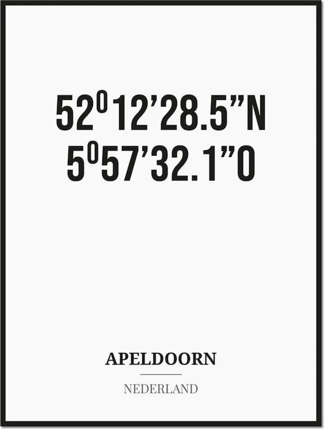 Studio216 Poster/kaart APELDOORN met coördinaten zwart, wit