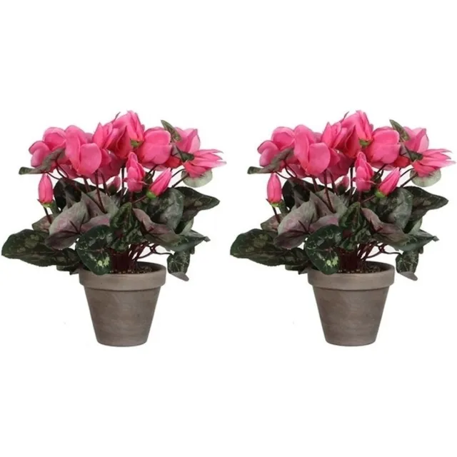 Shoppartners Mica Decorations Roze cyclaam kunstplant en met bloemen 30 cm in grijze pot - 2x - Kunstplanten/nepplanten - Huis of kantoor