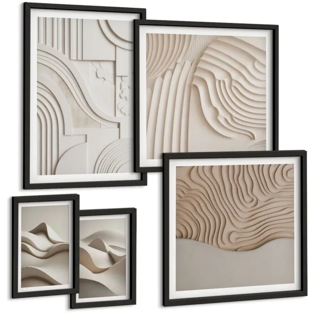 TULUP 4-Delige Schilderij Set - Abstracte structurele vormen in beige en witte tinten. - 50 x 50 cm, 20 x 30 cm en 40 x 60 cm - Stijlvolle Wanddecoratie - Interieur - Muurdecoratie Zwarte lijst