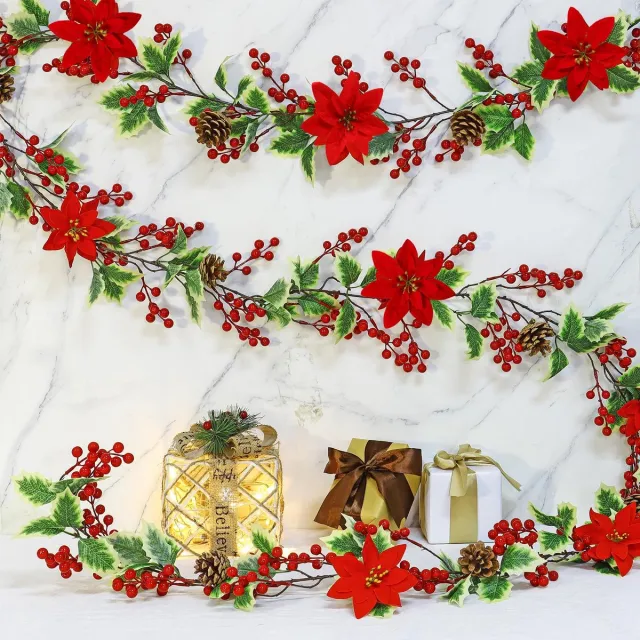 Famanu Kerstmis kunstbloemen- en bessenslinger met dennenappels, groene bladeren en rode bloemen, decoratie voor kerst, bruiloften en feesten