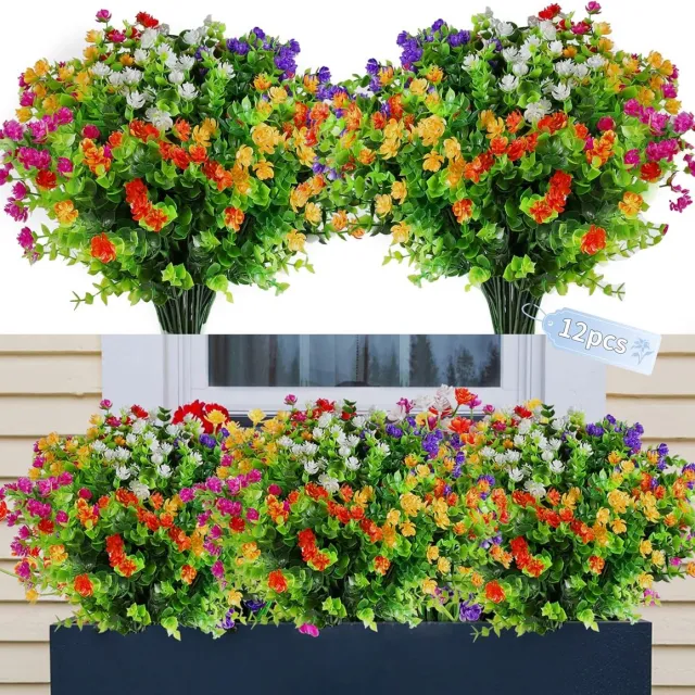 Housolution Kunstbloemen voor buiten, 12 stuks, kunstbloemen net echt, kunstplanten, bloemen, weerbestendig, decoratieve plastic bloemen voor balkon, tuin, balkonbak, buiten en binnen, 6 kleuren kleurjik