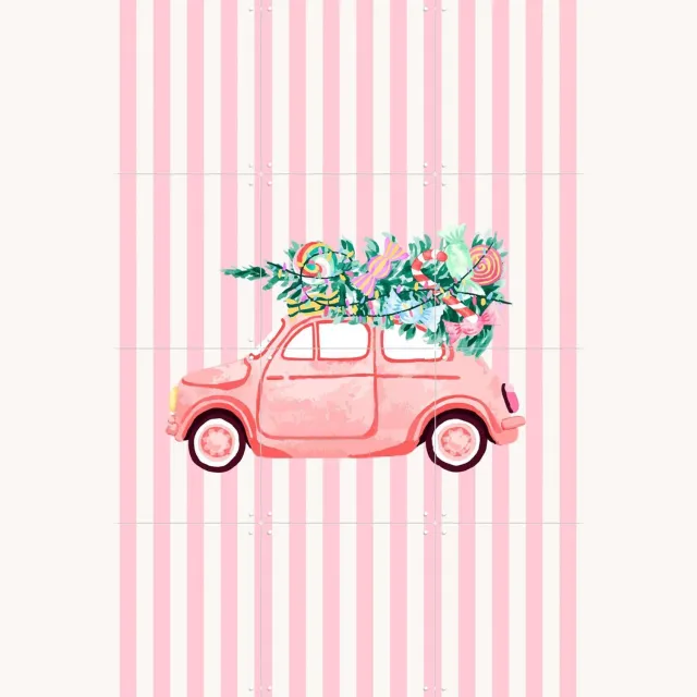IXXI Candy Christmas Car, Palmartprints - 60 x 80 cm - Grote wanddecoratie en posters - Speels, Kleurrijk, Slaapkamer, Woonkamer, Kerst Roze