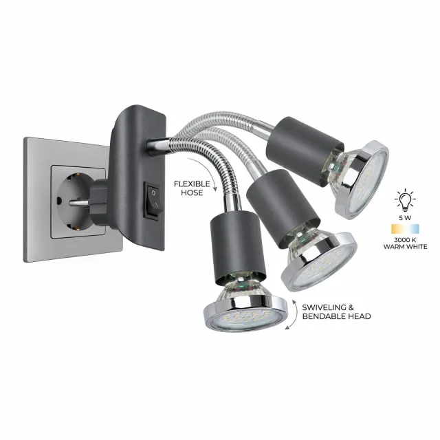 Trango Stekkerlamp in antraciet mat Stekkerlamp 11-055 *FLEXI* Nachtlampje incl. 1x GU10 3000K warm witte LED lamp chroom ring & AAN/UIT schakelaar leeslamp, wandlamp, keukenlamp Antraciet zwart