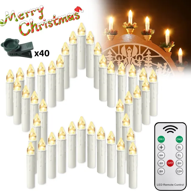 ACXIN LED Kerzen Met Afstandsbediening Warm Wit – Draadloze Kerst Kaarsen Met Clips – Timer – Ø17mm x 10cm – 40 Stuks – Zonder Batterijen