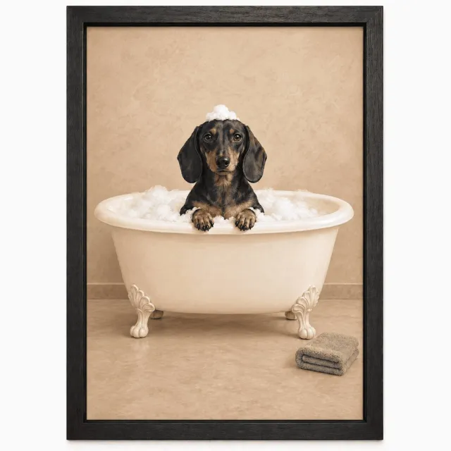 Joshimo Teckel Poster | Teckel in Bad met Schuim | Inclusief Zwarte A3 Lijst