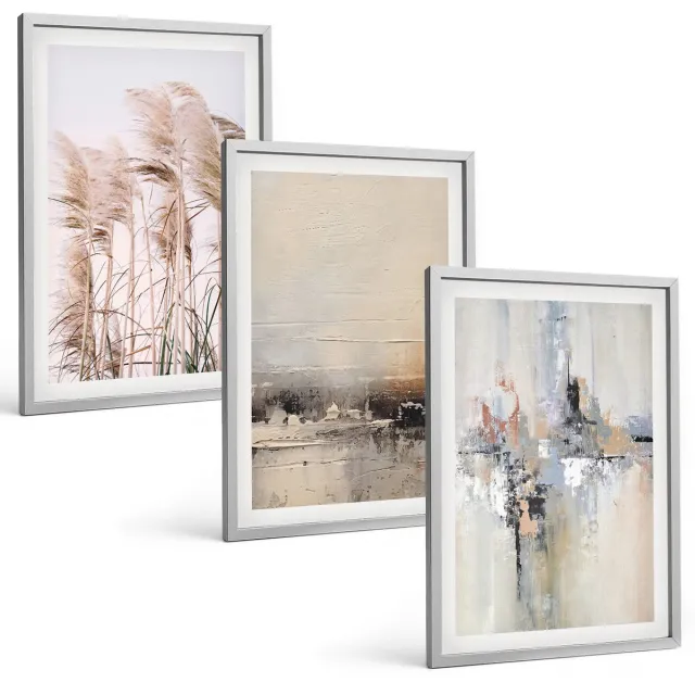 Coloray 3-Delige Schilderij Set - Abstracte Patronen Van Natuurlijke Vegetatie In Ingetogen Kleuren. - 40 x 60 cm - Schilderijen Set - Wanddecoratie - Woonkamer - Stijlvolle Muurdecoratie Zilveren lijst