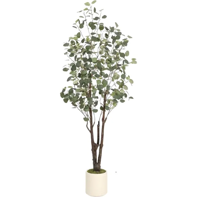 Happiq Kunstmatige eucalyptusboom - Voor thuiskantoor - Decoratieve kamerplant met LED-verlichting - Groen met witte plantenbak - Groen-180cm