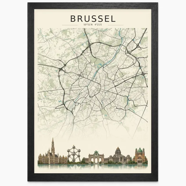 Joshimo Brussel Poster | Stadskaart met Skyline | Stadsposter | Inclusief Zwarte A3 Lijst