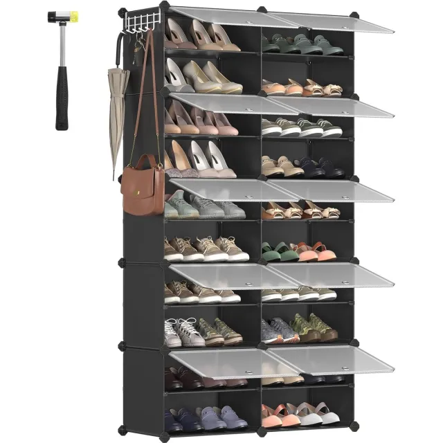 Famanu Schoenenrek met 10 vakken, schoenenkast, 30 x 40 x 30 cm per vak, smal, met deuren, stalen frame, kunststof, voor hal, slaapkamer, entree, zwart