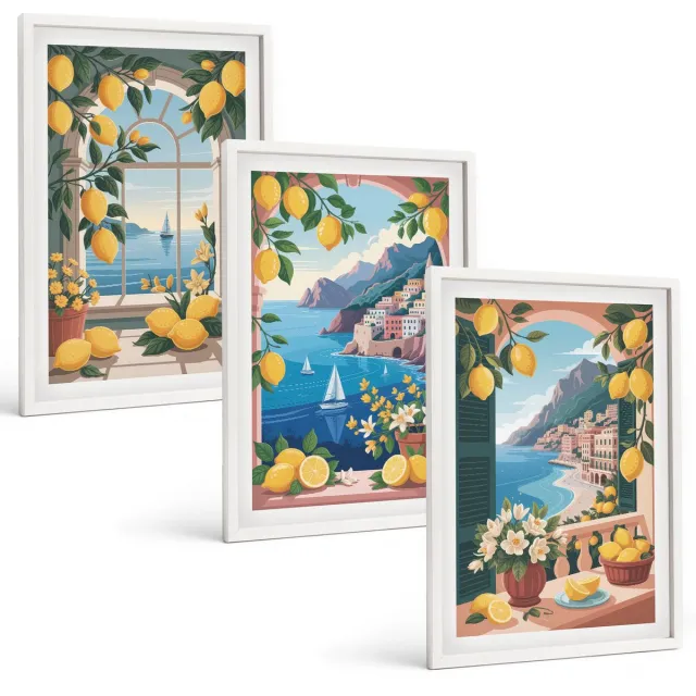 Coloray 3-Delige Schilderij Set - Zeezichtraam Met Italiaanse Citroenen - 40 x 60 - Wanddecoratie - Moderne Interieurdecoratie - Interieur Decoratie Witte lijst
