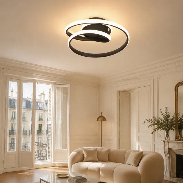 Lemlit LED Plafondlamp 37W, Moderne Plafonnière, Spiraal Ringlamp, 3000K Warm Wit, 4500 lm, 30x30x8,5 cm, voor Woonkamer Keuken - Zandzwart Zandzwart- 37W