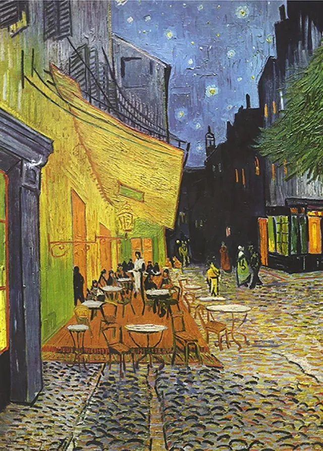 Esque Poster Caféterras bij Nacht – van Gogh – Large 70x50 cm – Terras - Postimpressionisme - Kunst Blauw, geel, zwart bruin, blauw