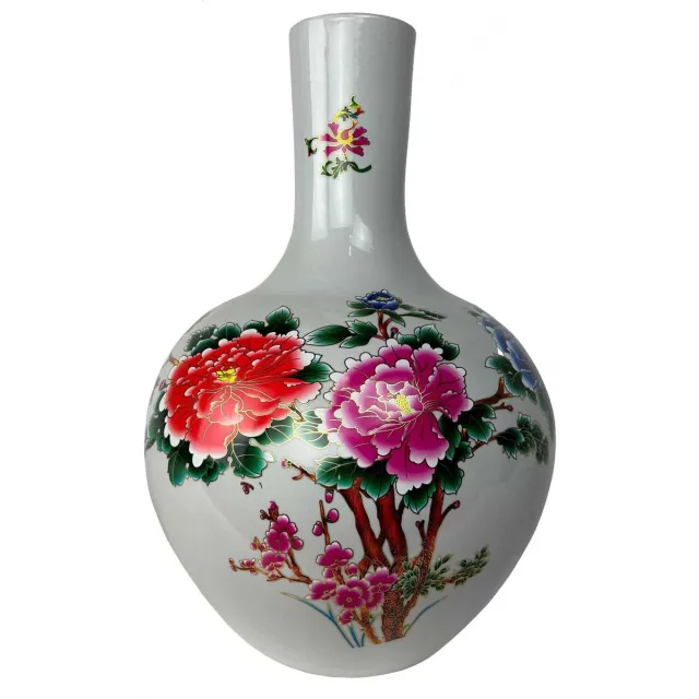 Fine Asianliving Chinese Vaas Wit Bloemen Pioenen Handgemaakt D41xH57cm multi