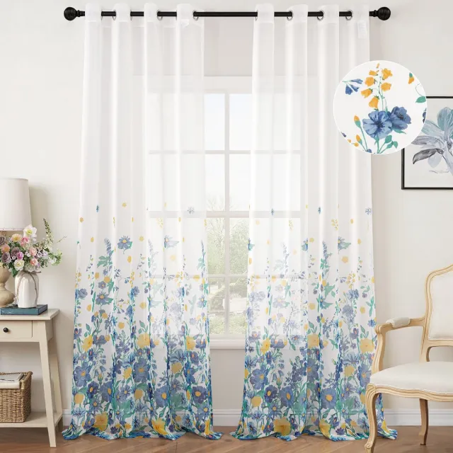 Ibenzoa Transparante Marineblauwe Voile Gordijnen met Bloemenpatroon en Ingewerkte Ringen voor Woonkamer en Slaapkamer donkerblauw