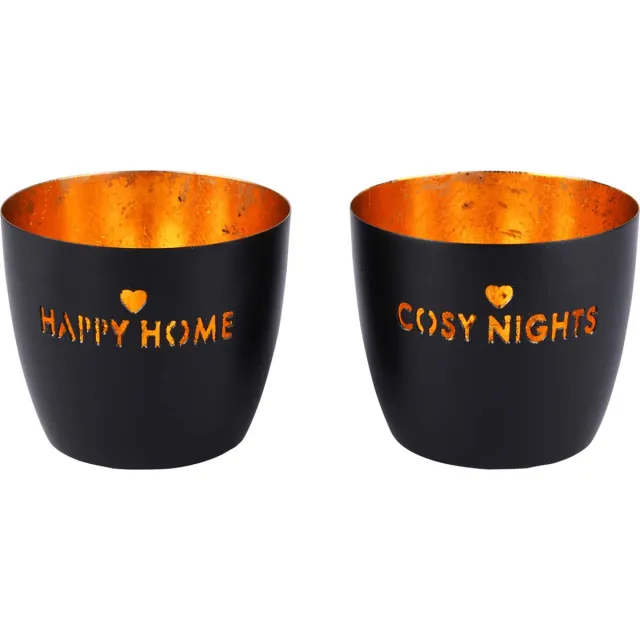 dekoratief Set van 2 Windlicht / theelichthouder / waxinelichtjeshouder 'Happy Home' / 'Cosy Nights' - Zwart / goud - 10 x 10 x 10 cm hoog.