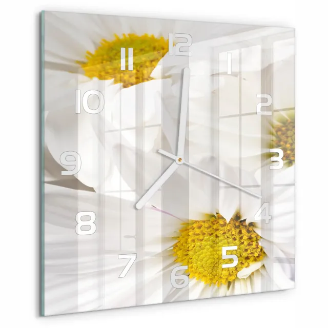 TULUP Wandklok - Madeliefje Wandklok Glas Met Motief - 30x30 cm - Geel Decoratieve Glazen Klok - Witte handen - Vierkante Klok - Gekleurde Glazen Klok - Glazen Klok Met Print