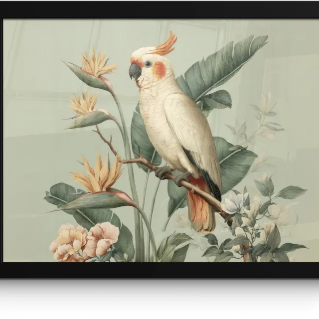FrameYourWall Poster in lijst - Fotolijst 40x30 cm - Posters - Gele kuifkaketoe - paradijsvogelbloemen - Groen - Posterlijst zwart - Decoratie - Wanddecoratie woonkamer - Muurdecoratie slaapkamer