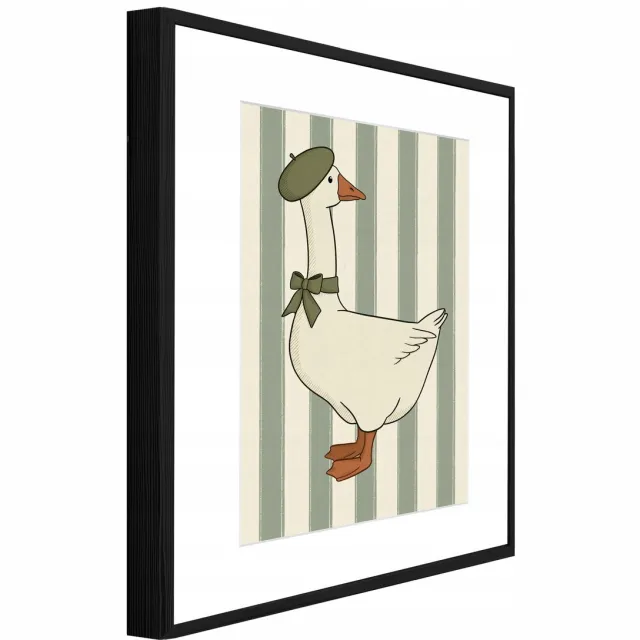 WALLARENA Schilderij met reliëf en passe-partout 100x70 cm - zwarte lijst - retro gans met strepen - wanddecoratie voor woonkamer en slaapkamer Groen