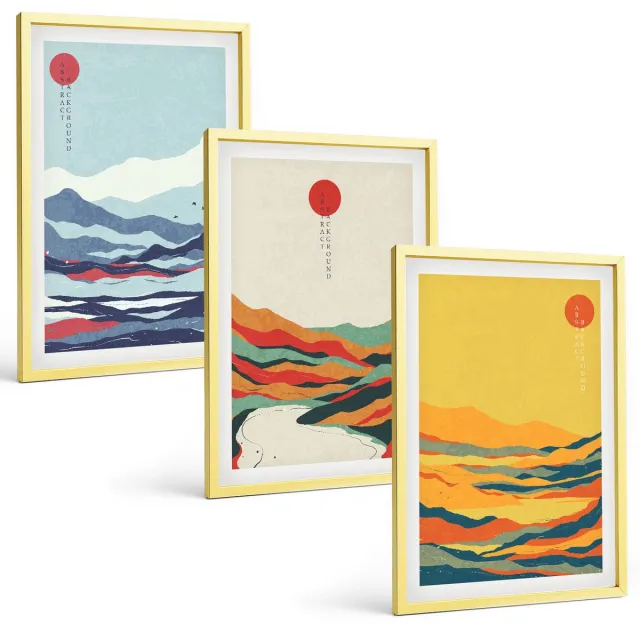 TULUP 4-Delige Schilderij Set - Kleurrijke abstracte berg- en rivierlandschappen - 40 x 60 cm - Muurdecoratie - Decoratieve Schilderijen - Wohnzimmer Gouden lijst