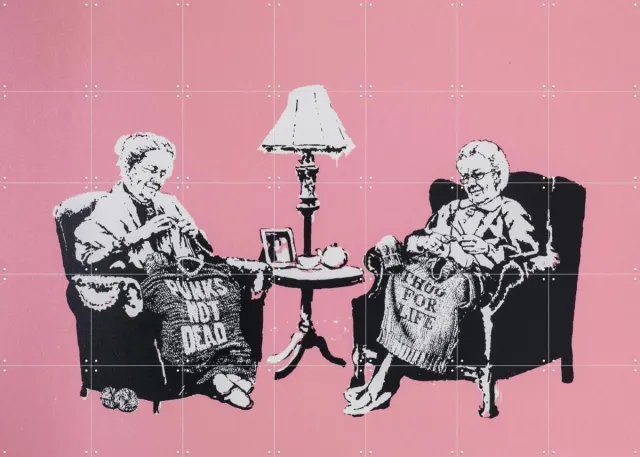 IXXI Grannies, Banksy - 140 x 100 cm - Grote wanddecoratie en posters - Modern, Collage, Street art, Speels, Pop art, Woonkamer, Mancave, Grappig Zwart / Roze / Wit
