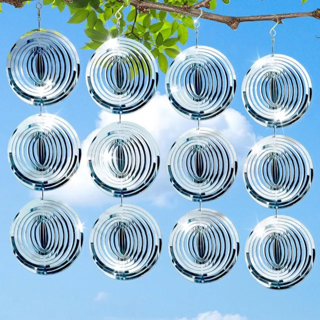 OEMG Ronde windspinner, dubbelzijdig zilver spiegelend, 10 cm, 4 stuks met 12 platen, vogelverjager voor tuin