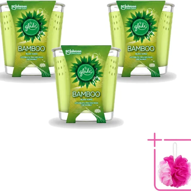 Glade 3 x Glade - Geurkaars - Bamboo Bliss Song - Frisse Geur & Relaxatie - 129 g - Bulkverpakking - Geurkaars - Douchemop - Bamboe Geur Groen