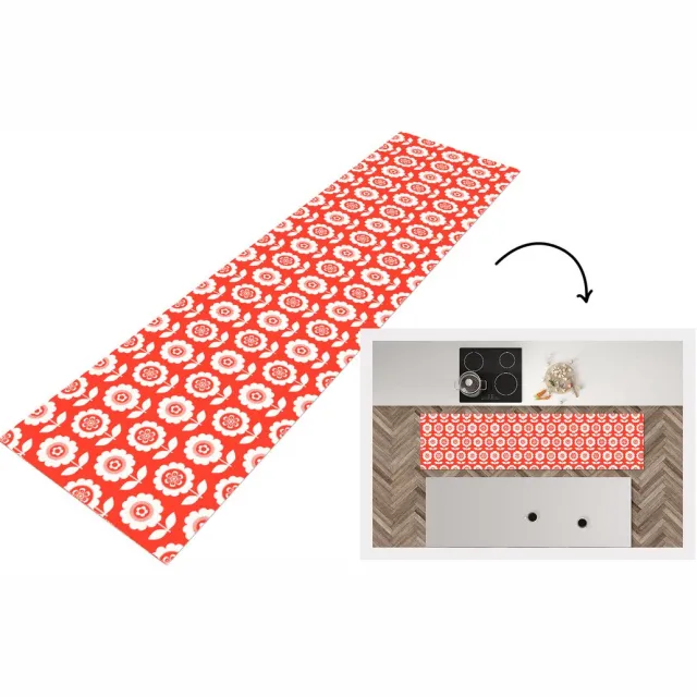 KitchenYeah Keukenloper 200x50 cm - Keukenmat vinyl Bloemen - Patroon - Rood - Keukenmatten loper - Keuken vloerkleed tapijt