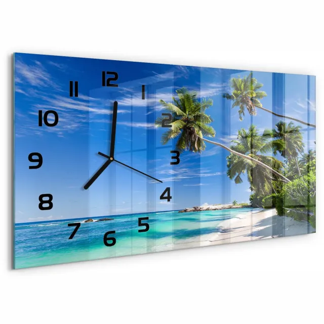 TULUP Wandklok - Tropisch strand Glazen Wandklok Design - 60x30 cm - Blauw Klok Glas Met Opdruk - Zwarte handen - Rechthoekige Klok - Wandklok Glas Met Motief - Decoratieve Glazen Klok
