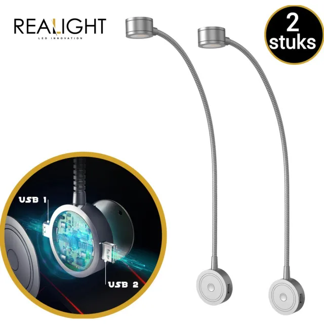 Realight Leeslampje voor in Bed met Dimfunctie - LED bedlampje voor Boek - Hoofdbord nachtlampjes Slaapkamer - 2 USB-poorten - 360° Draaibaar - Aluminium - Zilver 2 Stuks 2x Zilver