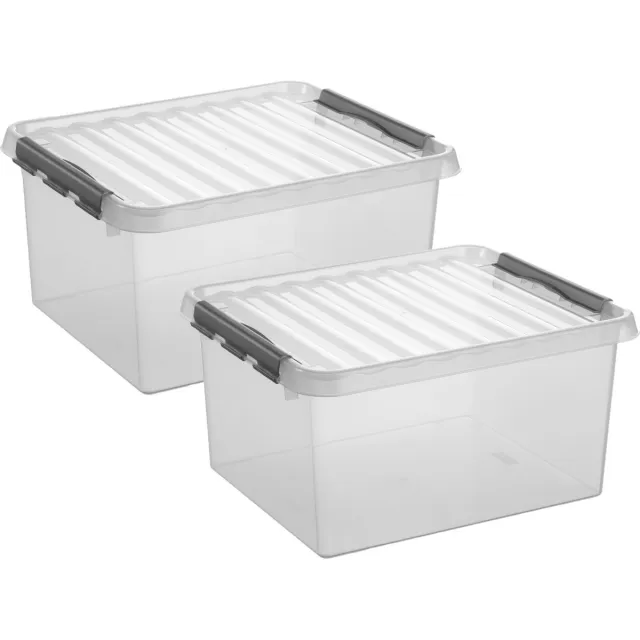 Sunware 2x stuks sunware q-line opberg box/opbergdoos - 36 liter - 50 x 40 x 26 cm - kunststof - opslagbox - transparant/zilver