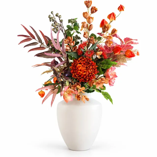 Bloemenjunkie Kunstbloemen - Zijden Bloemen Boeket - Nepbloemen - Kunstboeket - 75cm Hoog - Luxe & Onderhoudsvrij - Herfst - Chrysant rood, oranje, zalm
