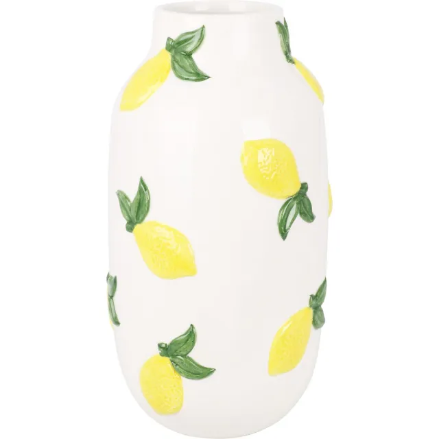 Home & Styling Bloemenvaas citroenen - wit - keramiek - D16 x H30 cm - fruitvaas citroen patroon