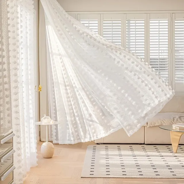 Qelus Kant en Klaar Gordijnen - Luxe Tule Gordijnen - Paneel Wit Gordijnen met Pompom Rand - Plissegordijnen Zonder Boren - Curtains voor Woonkamer, Slaapkamer & Bruiloft - B 132 x H 274cm
