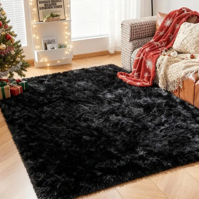 CHOSHOME Luxe pluizig vloerkleed voor slaapkamer en woonkamer - zwart, zacht, pluisvrij, antislip achterkant