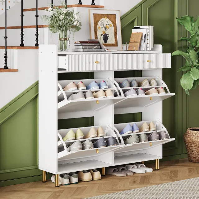 Clruro Schoenenkast - 106,5x25x105,5 cm - 4 Klepdeuren en 2 Lades - Met Metalen Grepen - Wit