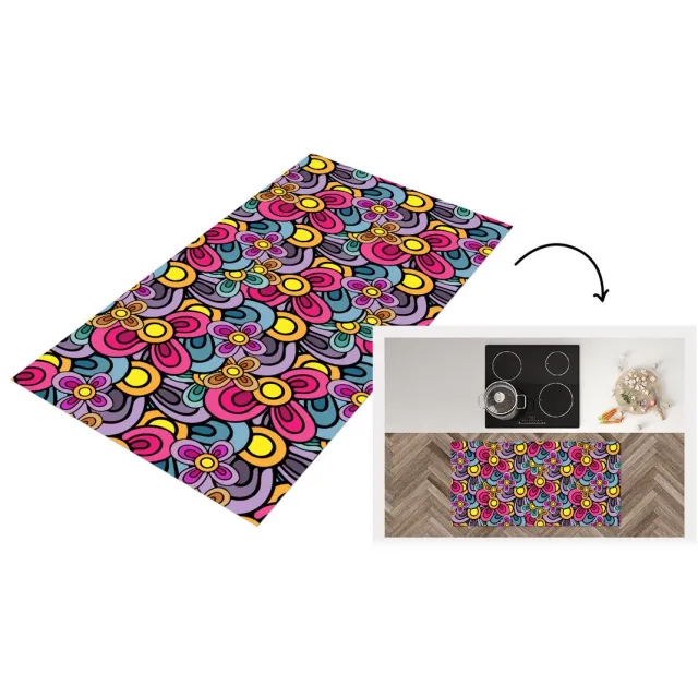 KitchenYeah Keukenloper 120x60 cm - Keukenmat vinyl Patroon - Hippie - Bloemen - Paars - Keukenmatten loper - Keuken vloerkleed tapijt