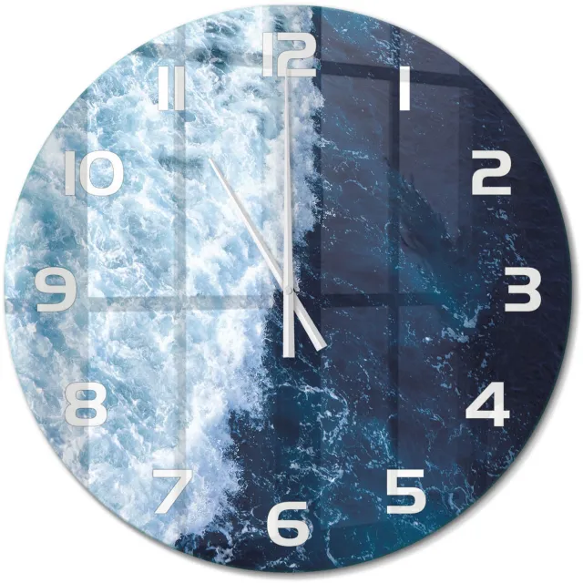 TULUP Wandklok - Oceaangolven Gekleurde Glazen Klok - fi60 cm - Blauw Glazen Klok Met Print - Witte handen - Ronde Klok - Moderne Wandklok Glas - Wandklok Glas Decoratie